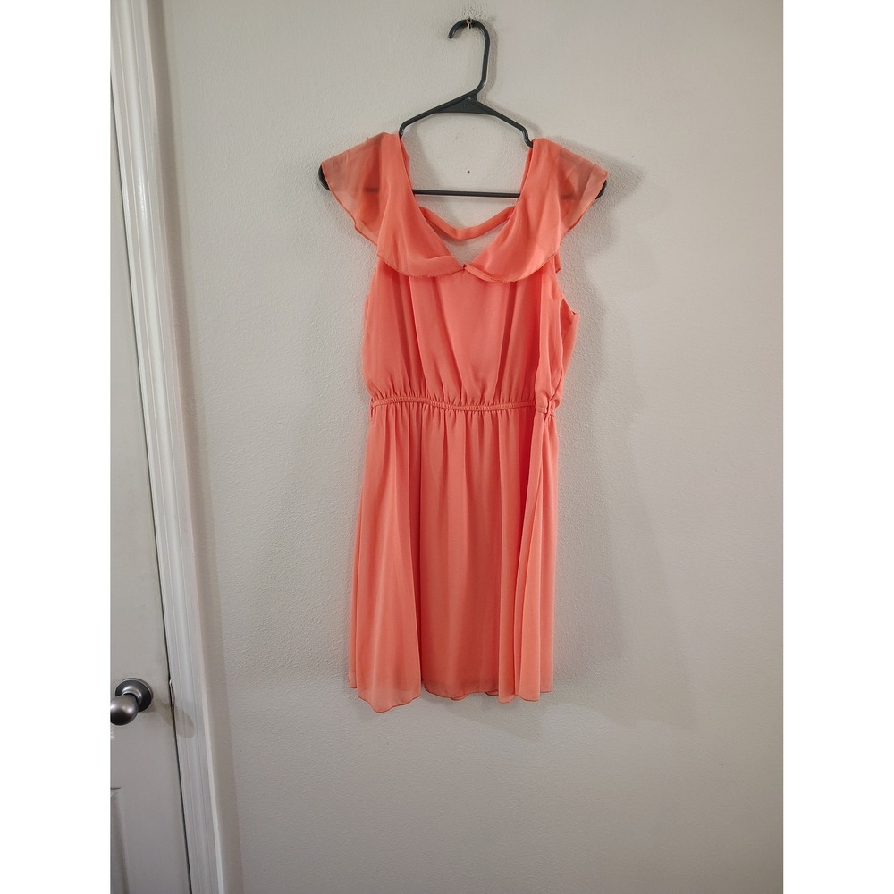 Rue21 Coral Peach Ruffle Collar Fit and Flare Chiffon Dress Womens Medium